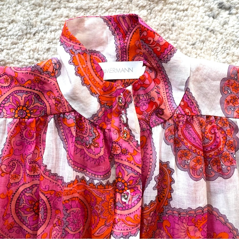 NWT! Zimmermann Peggy Orange/Pink Paisley Linen Button Down Long Sleeve Blouse - Picture 7 of 11